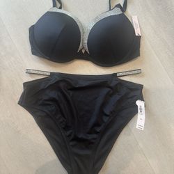 New— Very Sexy Shine Trim Push-Up Bikini Top 32DD & Swim Bottoms Size M With tags 