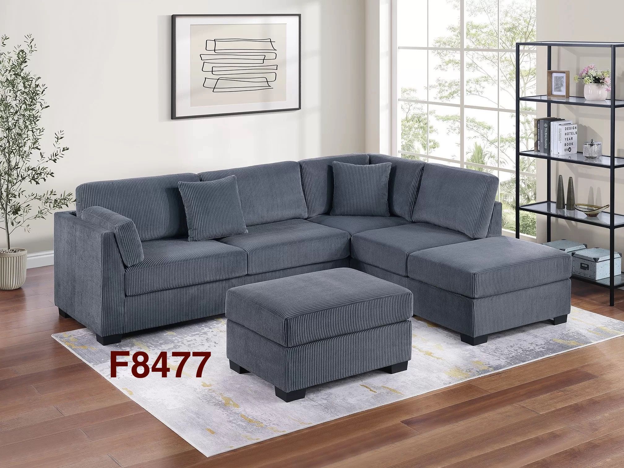 GREY CORDUROY SECTIONAL SOFA WITH OTTOMAN