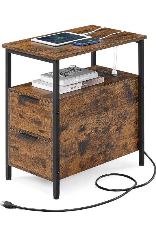 Side Table with Charging Station, Narrow End Table with 2 Drawers, Slim Nightstand, and Bedside Table with Storage
