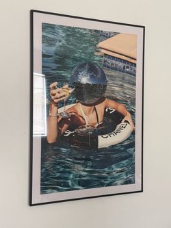 Disco girl in pool photograph with frame
