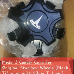 Model 3 Center Caps for Original Standard Wheels [Black Titanium with Silver T-Logo] k1b 45s