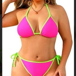 Tempt Me Plus Size 2 Piece Bikini Size 14 Pink Neon Green Bathing Suit