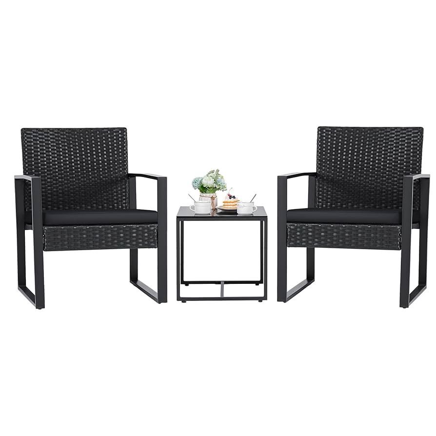 1262C Pieces Outdoor Patio Wicker Furniture Set, Modern Rattan Chair Conversation Sets with Coffee Table for Yard and Bistro (Black)