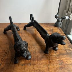 Antique Solid Cast Iron Dachshund Wiener Dog Pair Boot Scraper Door Stop Firedogs 21” HEAVY 