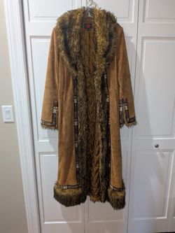 Gallery Brand Vintage Leather And Faux Fur Trim Long Coat Size Large