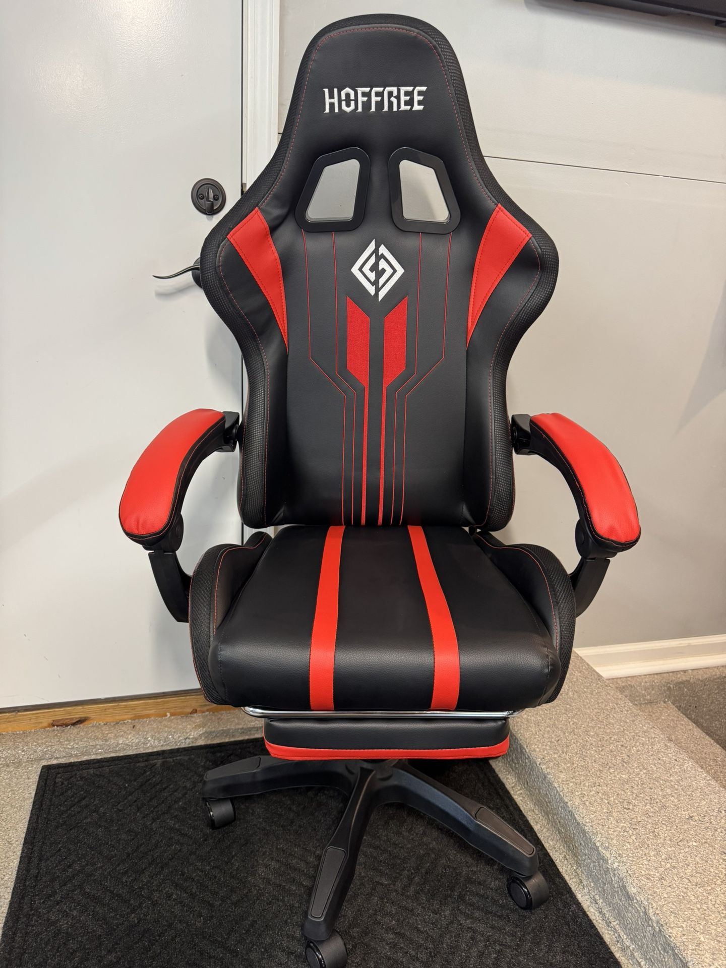 Brand New Black/Red Tall Back Reclining Gaming Chair w/Slide Out Footrest/LED Lights/Bluetooth Speakers