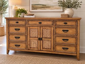 Sturdy wood dresser has a light honey brown finish.  📏 68”w x 19”d x 36”h
