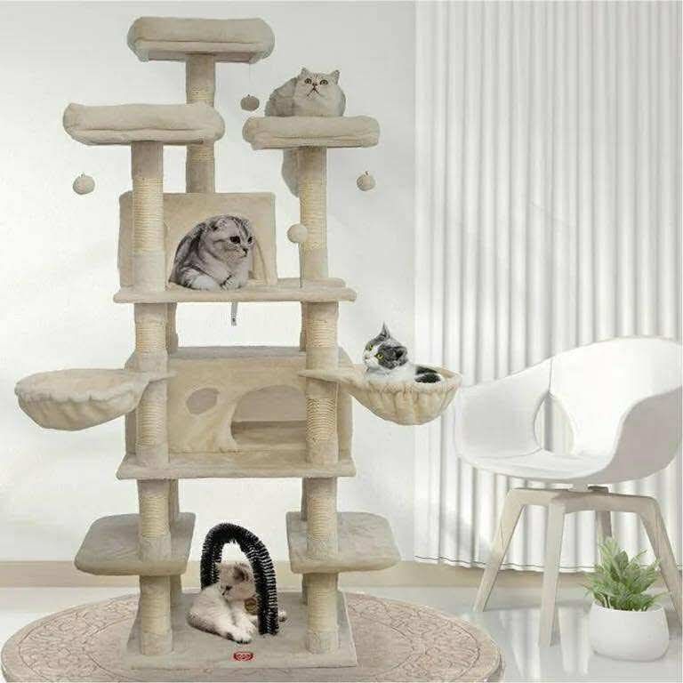 68" Large Cat Tree, Multi-Level Cat Tower with Sisal Scratching Posts, Cat Activity Center Cat Play House, Beige