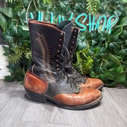 Abilene Packer Men Boots Lace Up Western Cowboy Two Tone Leather Embroided 10