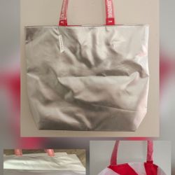 Clinique Silver Tote Bag  With Red & White Swirl Lining 