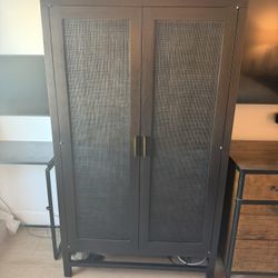 Crate&Barrel Dark Brown and Rattan 2-door Storage Cabinet