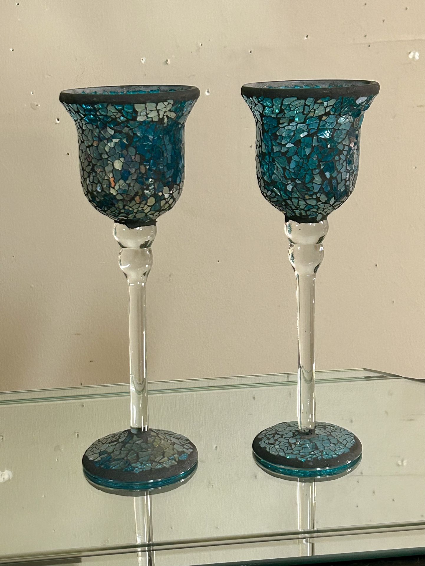 Teal Crackle Glass Candle Holders 10”