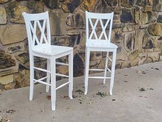 Chipped Pair Of X Back Classic French Country Barstools Heavy Oak