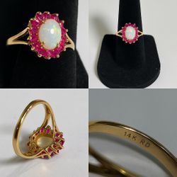 14K Opal & Ruby Halo Ring • Size 5