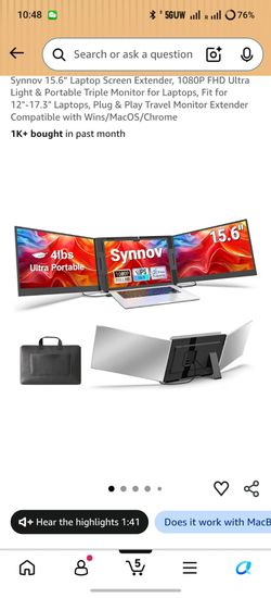 Synnov 15.6“ Laptop Screen Extender, 1080P FHD Ultra Light & Portable Triple Monitor for Laptops, Fit for 12"-17.3" Laptops, Plug & Play Travel Monito