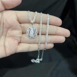 925 Sterling Silver Small Virgen Virgin Colorful CZ & Valentino Chain