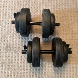 Two 20 lb adjustable dumbbells , 5, 10, 15 pounds