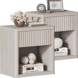 Night Stand Set of 2 Nightstands with Drawer Storage Fluted Bed Side Table End Table Large Modern Wide Bedside Stand Mid Century Night Stands for Bedr