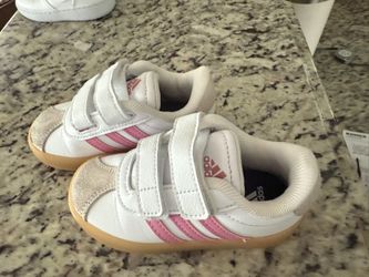 White and pink Adidas Toddler shoes size 6