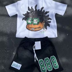 black and green y2k style shorts and tee set