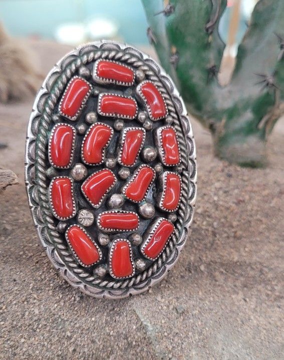 Old Pawn Native American Red Coral Silver Ring