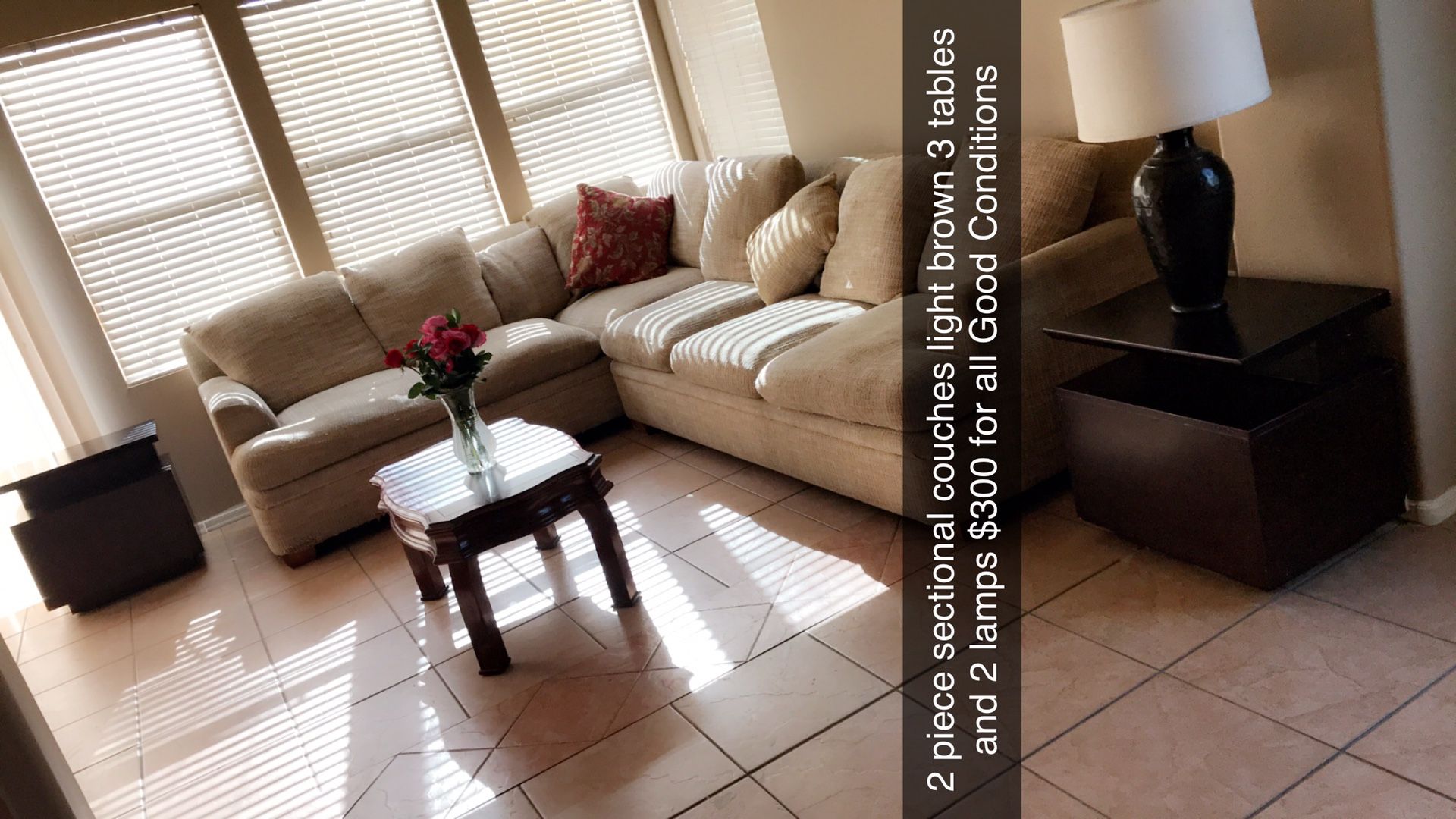 Two piece sectional couches tan color comes with all 3 tables and 1