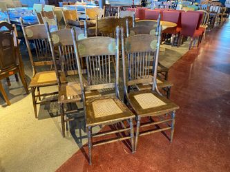 Antique Oak Press Back and Cane Chairs (Set of 6)