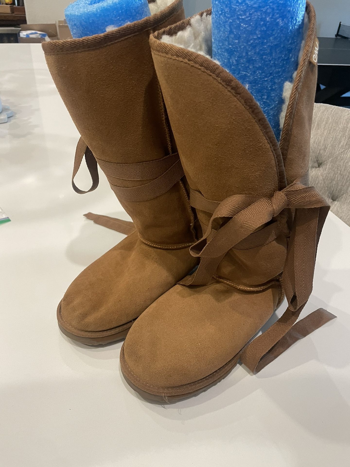 Ewu Women’s Brown Wool Lined Suede Ribbon Closure Winter Boot, Size 9