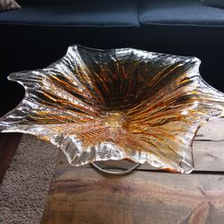 Murano marked vintage amber and clear flower art glass bowl dish home decor