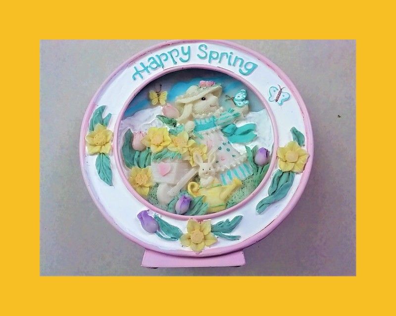 Happy Spring plaque with music box that needs batteries, 5” diameter, 2” deep-