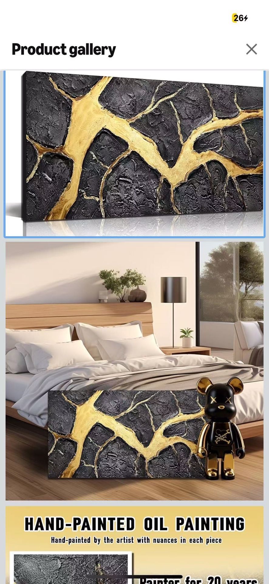 Abstract Wall Art for Living Room, Black and Gold Hand-Painted Canvas Wall-Decor for Bedroom, 3D Textured Paintings, Size 40 x 20 Inches