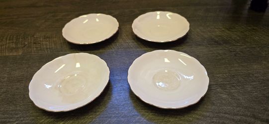 4 Vintage Vogue pink  gold trimmed bone china saucer plates crazing and some discoloration
