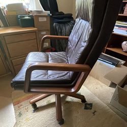 Office Chair Real Brown Leather, Wood  Frame