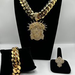 20MM MIAMI CUBAN LINK YELLOW GOLD PLATED JESUS PENDANT CHAIN BRACELET & RING | ROYALTY SET 👑