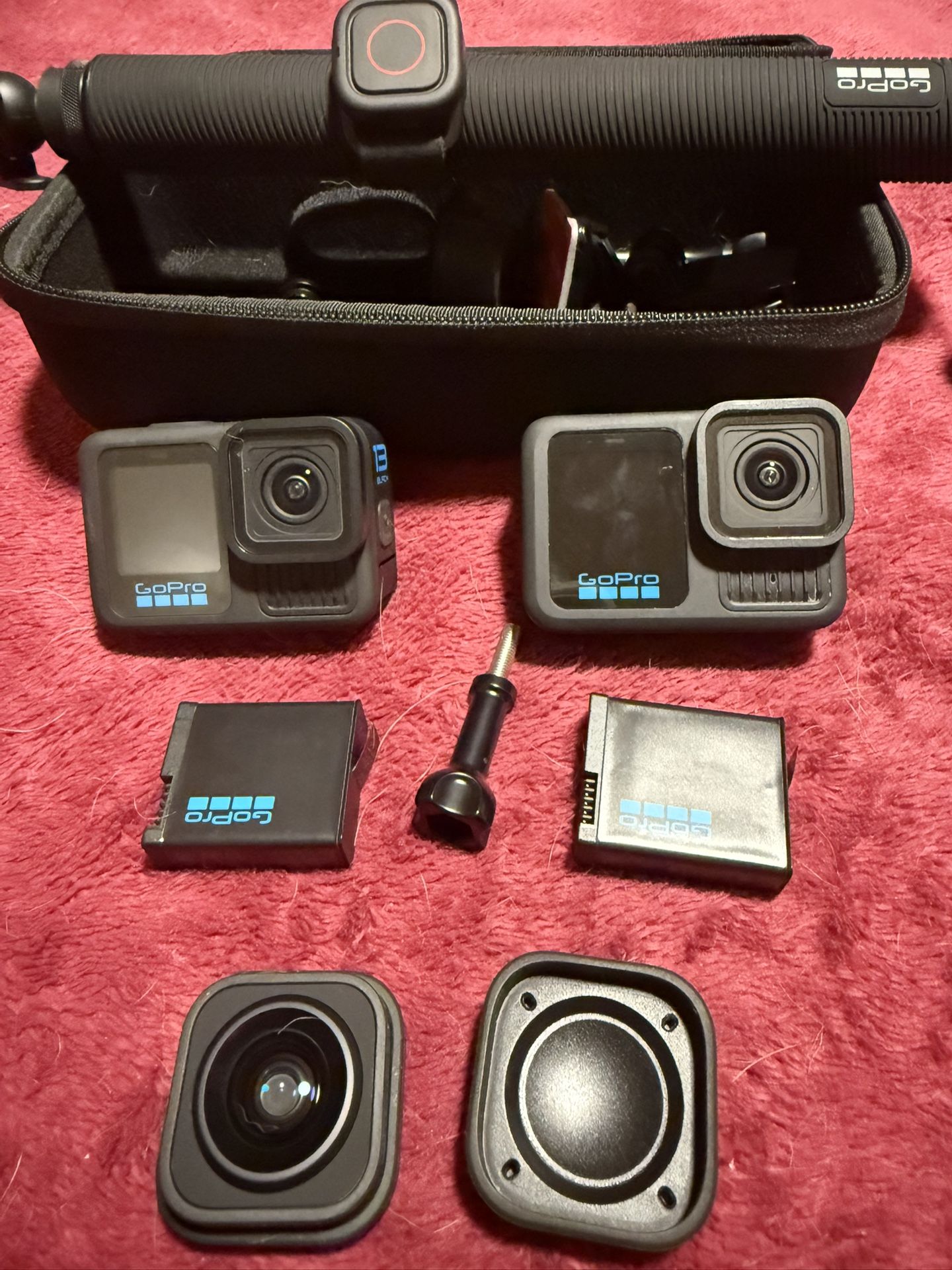 2 go pros 13 black- 2 batteries- max lens mod- selfie stick
