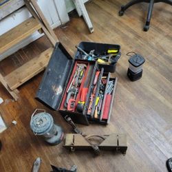 LOT of TOOLS: One Craftsman Rally Box, Tool Box, Plastic Bin Full Of Tools + Antique Mitre Box And Bessey Vise Clamp