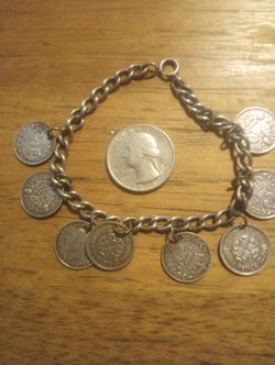 ANTIQUE STERLING SILVER CHARM COIN BRACELET ENGLISH THREE PENCE