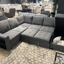 New Sectional W Pullout Bed / Chaise Storage.  Grey Or Beige.  128x99Dx40H.  Free Delivery!