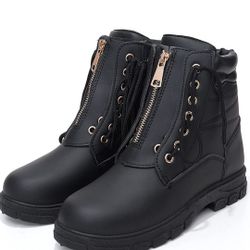 DADAWEN Waterproof Ankle Bootie For Women Round Toe Lace Up Low Heel Work Combat Boots