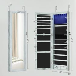 6 LEDs Mirror Jewelry Tall Lockable Wall or Door Mounted Jewelry Armoire Organizer