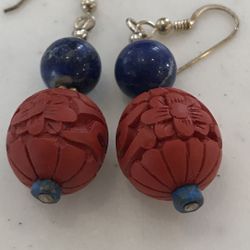 Antique Cinnabar and Lapis Lazuli Earrings