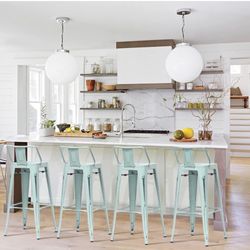 Metal Bar Stools Set of 4 Distressed Industrial Counter Bar Stool with Backs Bistro Cafe Barstools(30 inch, Distressed Blue-Green)