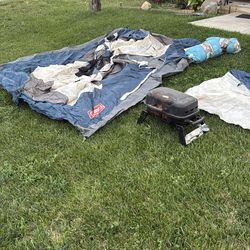 Free 2 person tent. 2 kids sleeping bags. Small propane bbq