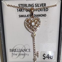 Simulated Diamond Heart Key Pendant in Sterling Silver and 14K Gold Plate