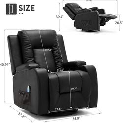 Leather Recliner Chair Rocker with Heated Massage Ergonomic Lounge 360 Degree Swivel Single Sofa Seat Drink Holders Living Room Chair Black