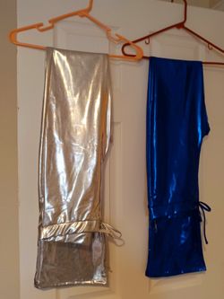 Silver And Blue Lightweight Metallic Pants With Drawstring 