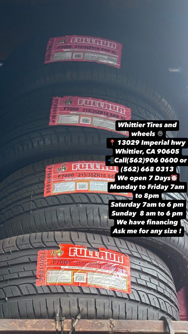 215/35R18 FULLRUN, SET OF NEW TIRES, INCLUDING MOUNTING AND BALANCING. ASK ME FOR ANY SIZE OR BRAND, WE HAVE THE BEST PRICES OF CALIFORNIA
