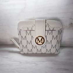 WOMEN'S WHITE MONOGRAM WALLET WITH GOLD EMBLEMS