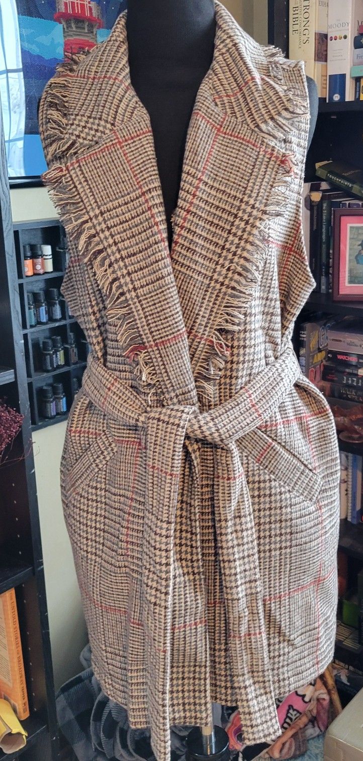 Democracy Sweater Vest Womens Medium Plaid Belted Wrap Dress Boho Chic Sz M