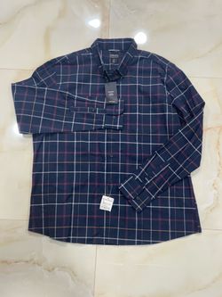 Nordstrom men's button-up shirt featuring a navy blue plaid design